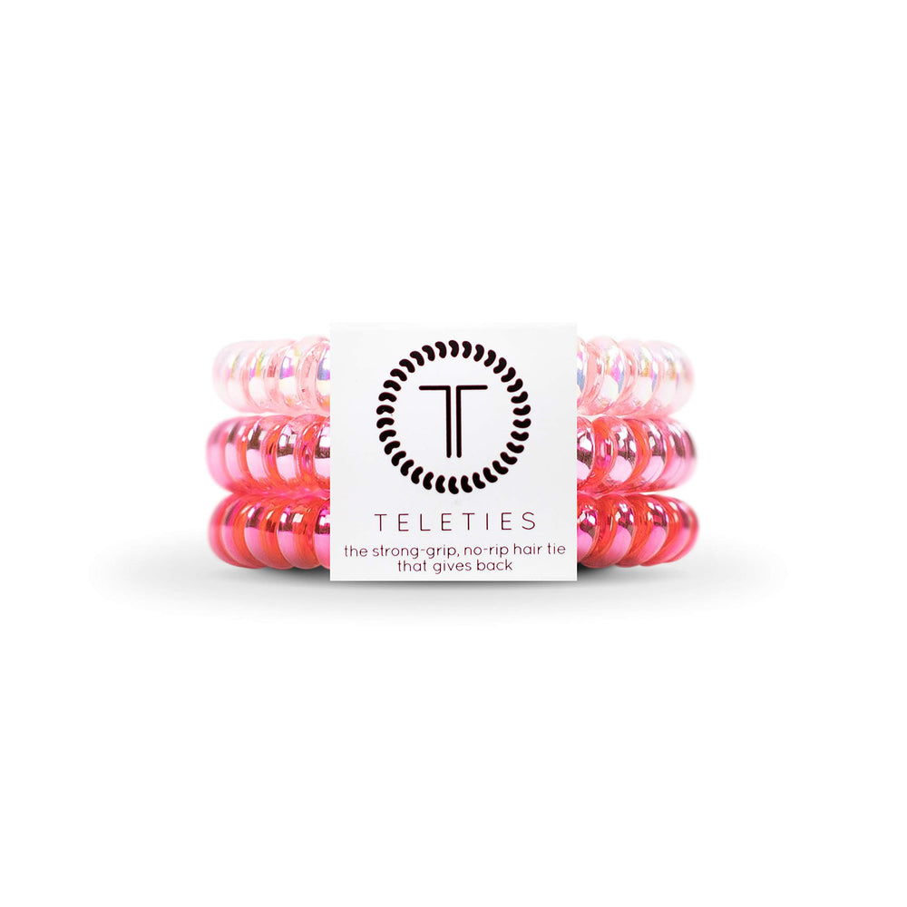Teleties front packaging in think pink showing three coils and brand logo for convenience