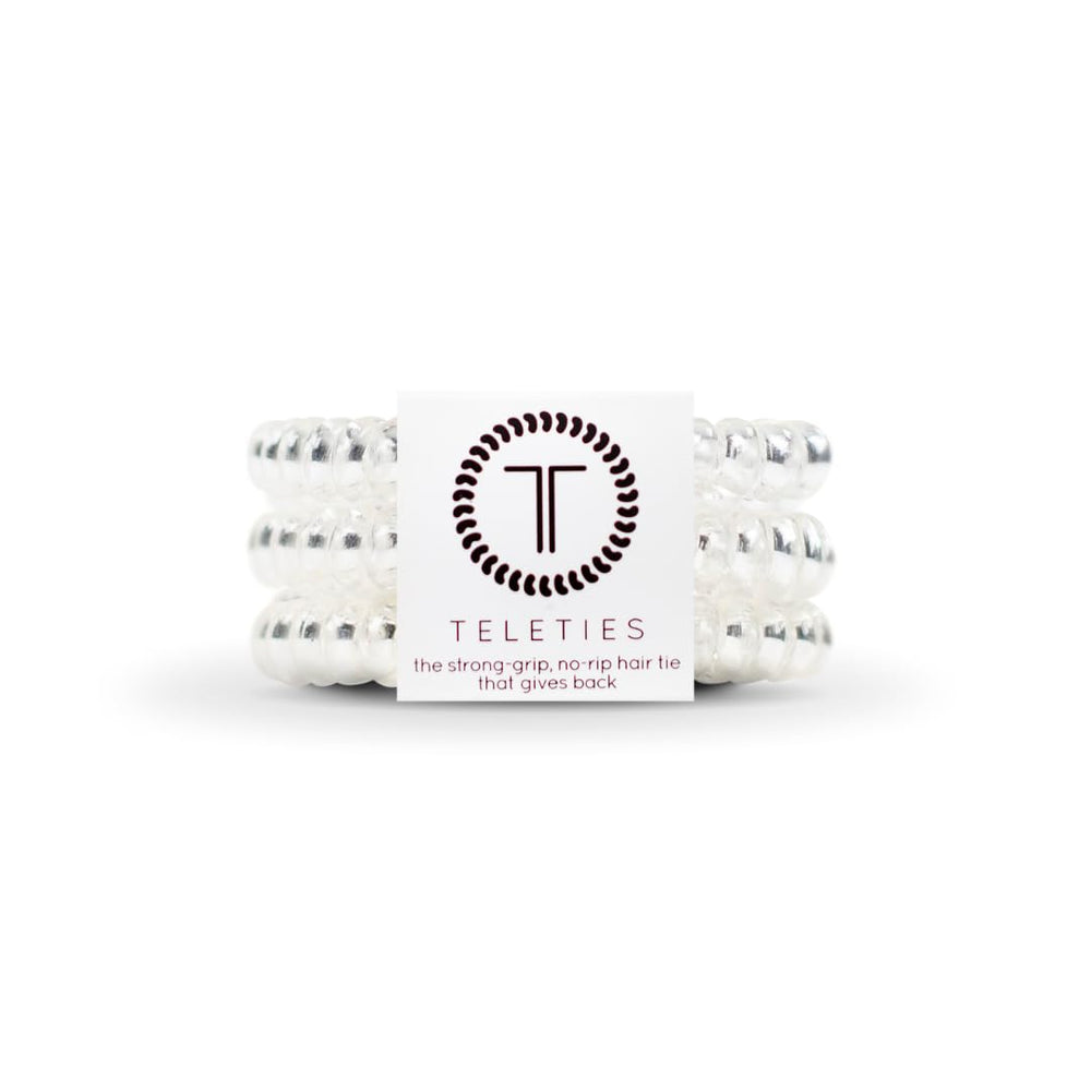 Teleties front packaging showing three crystal clear coils and easy-grip benefit