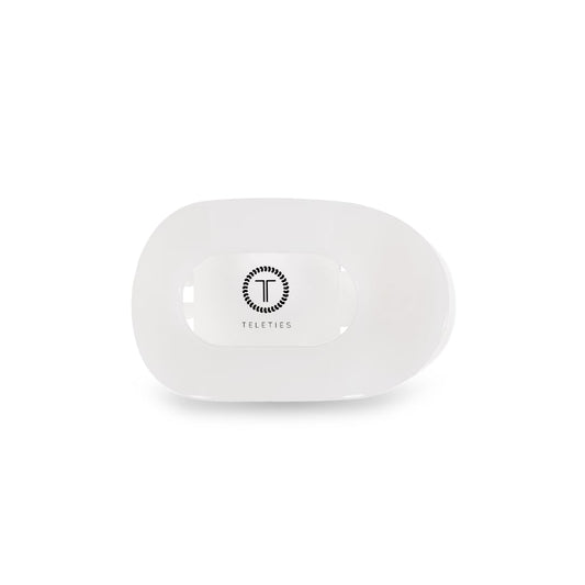 TELETIES medium flat round clip front packaging showing coconut white finish and durable design