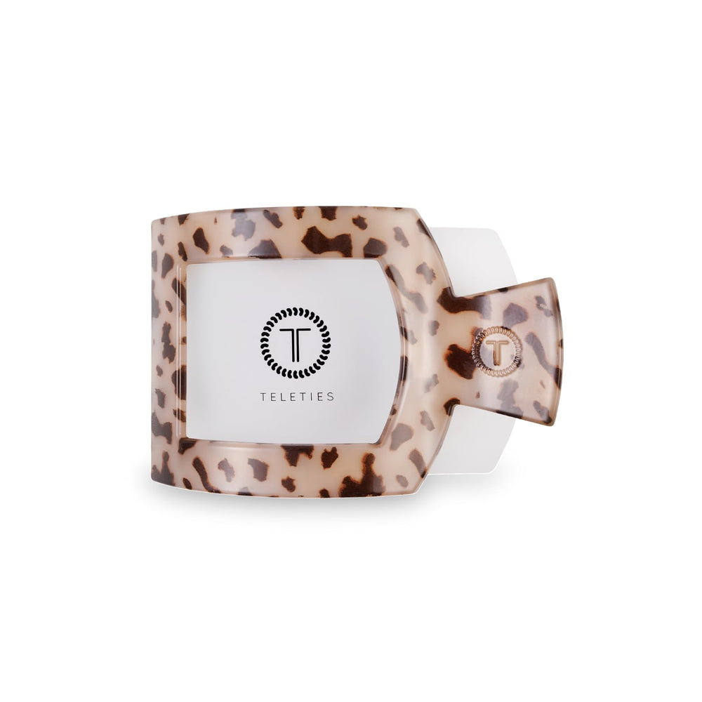 Teleties medium flat square clip front packaging showing tortoise color and compact profile for comfort