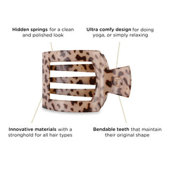 Teleties medium flat square clip worn in medium hair during yoga showing secure hold and flexibility