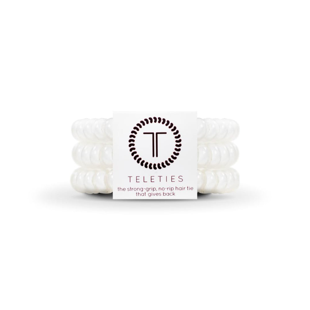 TELETIES small 3-pack front view shows clean Coconut White and secure packaging benefit