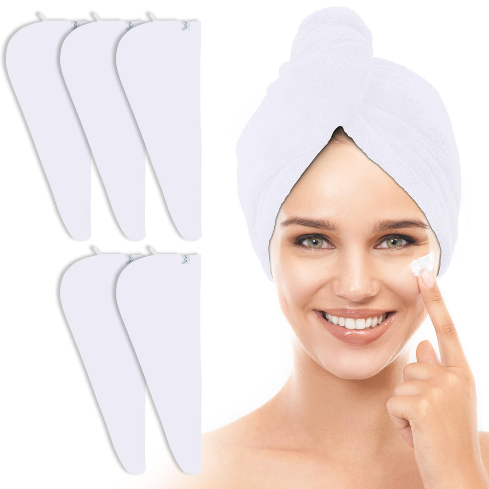 TENSTARS front view of five white towel wraps showing compact packaging and ease