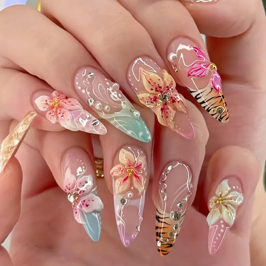 Tephrent front packaging showing 24-piece floral press-on nails, organized and travel-friendly