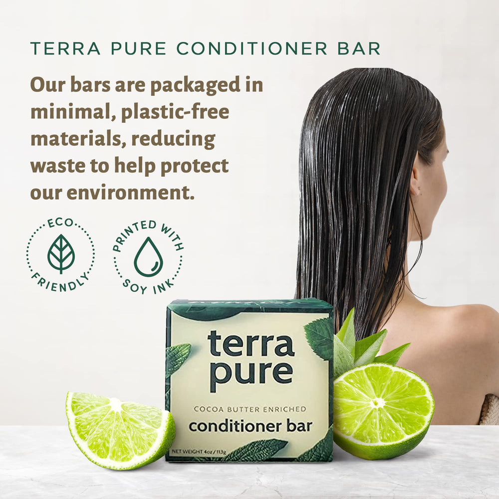 Terra Pure conditioner bar in hand showing compact size and travel convenience