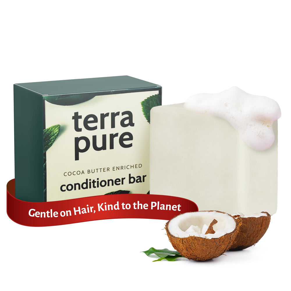 Terra Pure conditioner bar front packaging showcasing eco-friendly design and benefit