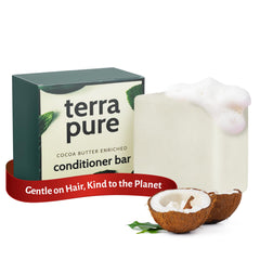 Terra Pure conditioner bar front packaging showcasing eco-friendly design and benefit