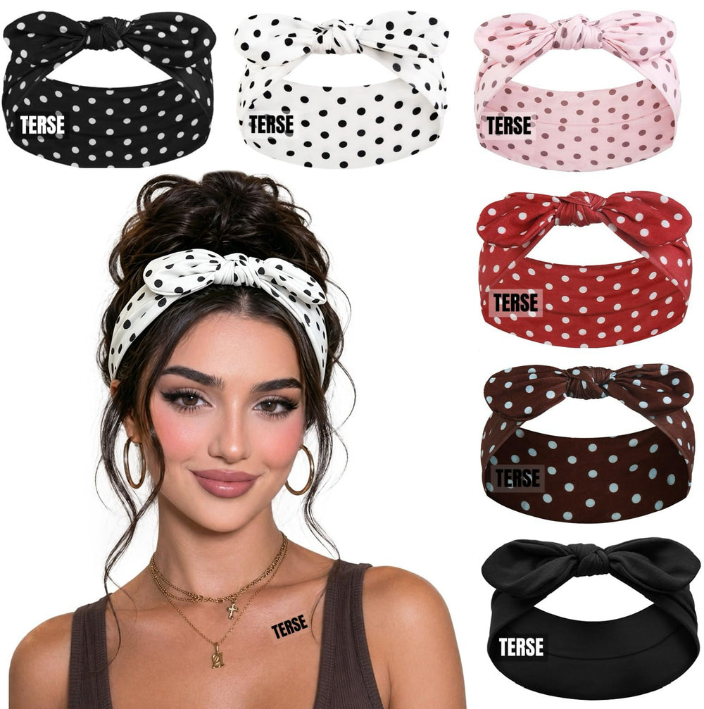 TERSE front pack view showing six polka dot headbands and organized assortment benefit