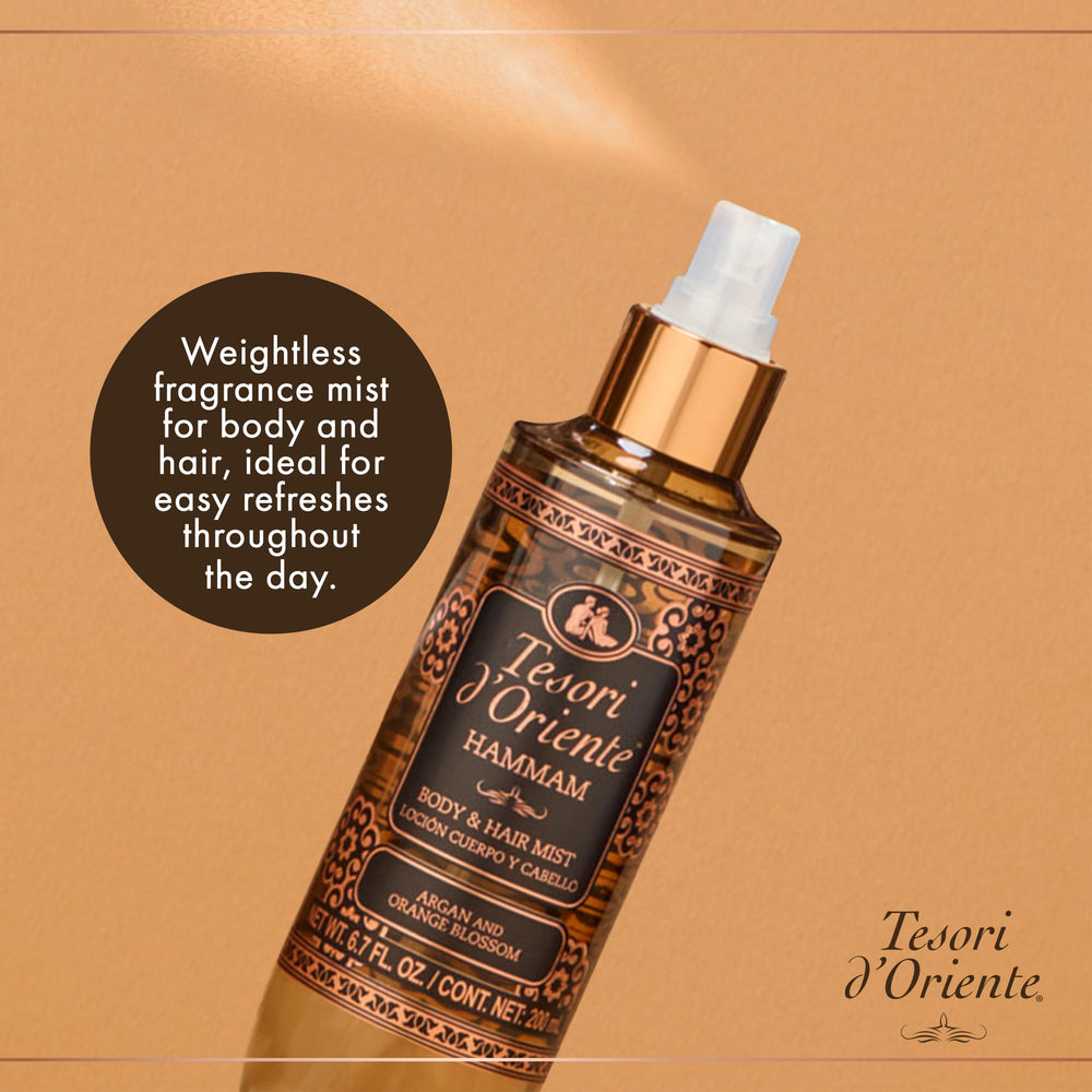 Tesori d'Oriente applied to hair ends showing soft scent without weighing hair