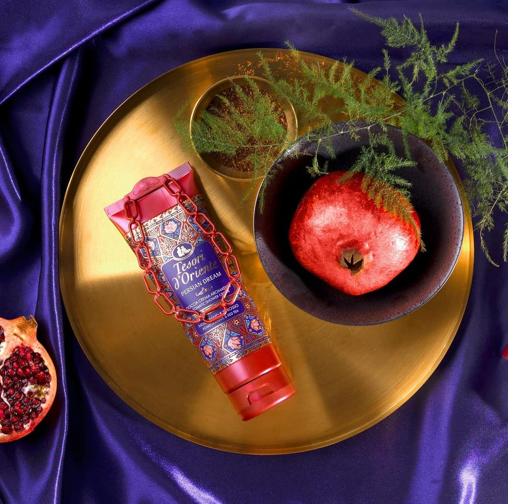 Tesori d'Oriente 250ml bottle beside common objects, shows true size and convenience