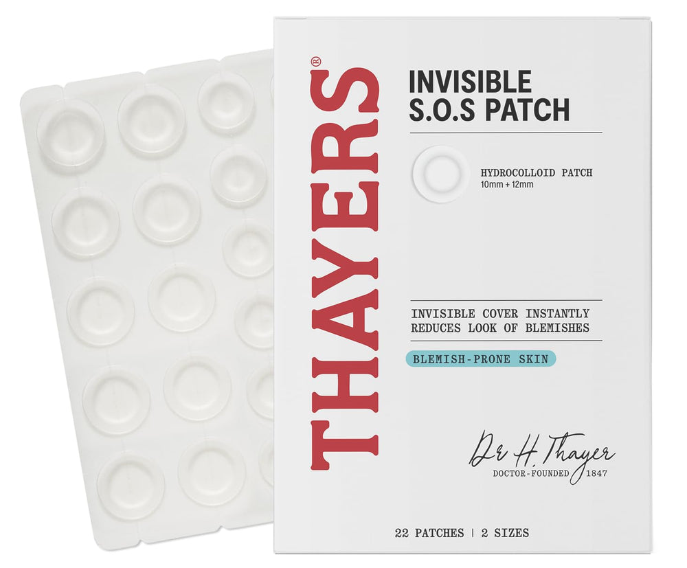 THAYERS front packaging showing 22 ultra-thin hydrocolloid patches for quick concealment