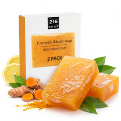 The 216 Shop front packaging showing two soap bars and product branding benefit even tone