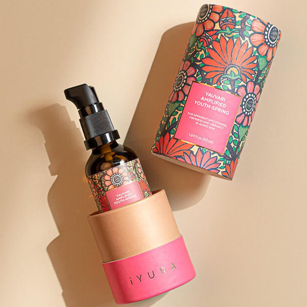 The Ayurveda Experience bottle styled on bathroom shelf suggesting daily ritual benefit