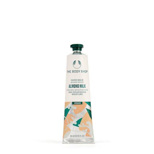 The Body Shop hand balm front packaging showing compact tube and branding benefit: portable hydration