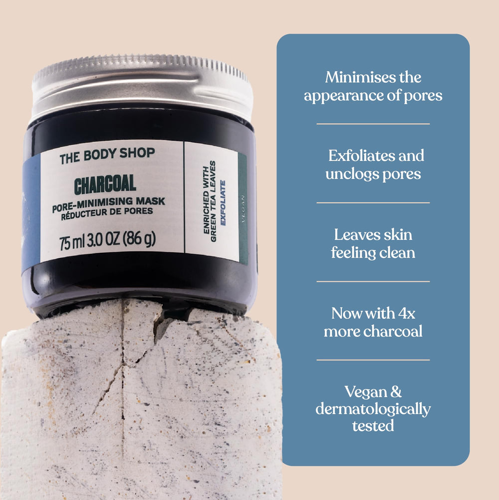 The Body Shop charcoal mask ingredients label showing vegan clean formulation benefit