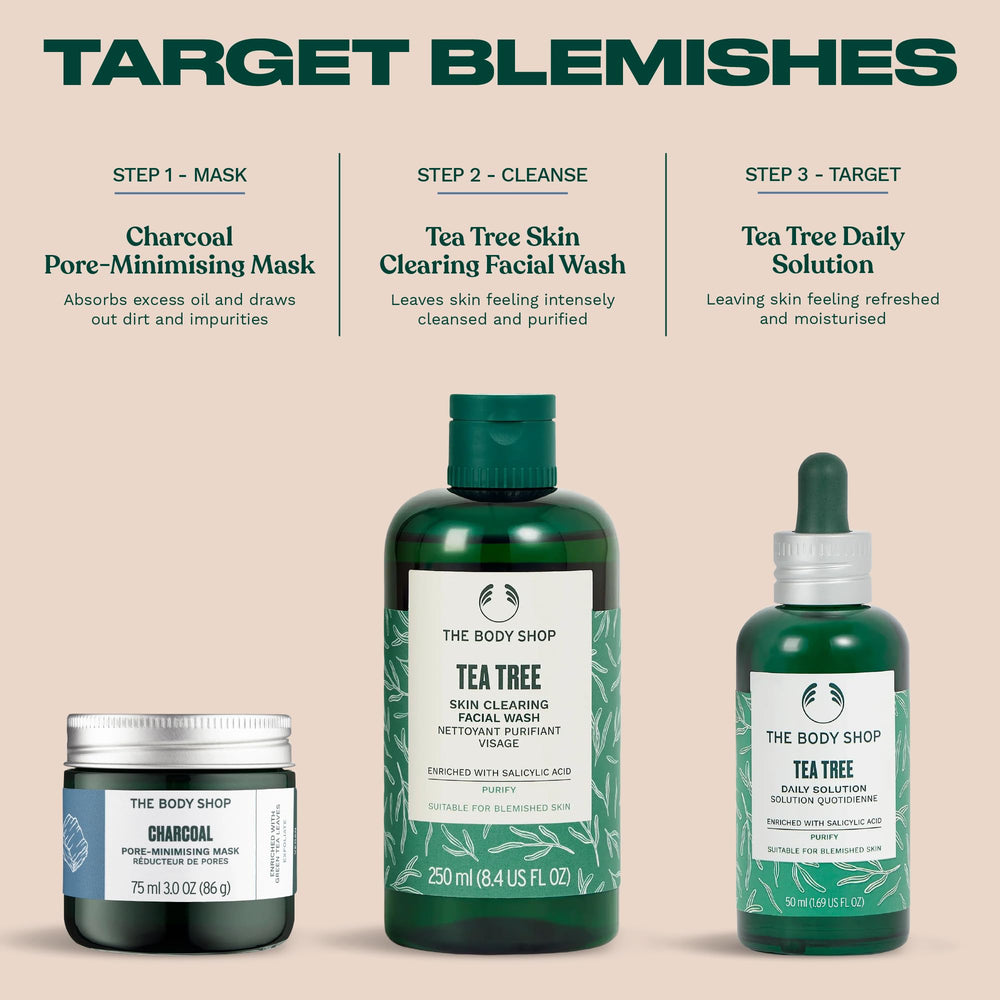 The Body Shop charcoal mask beside green tea leaves showing calming botanical benefit