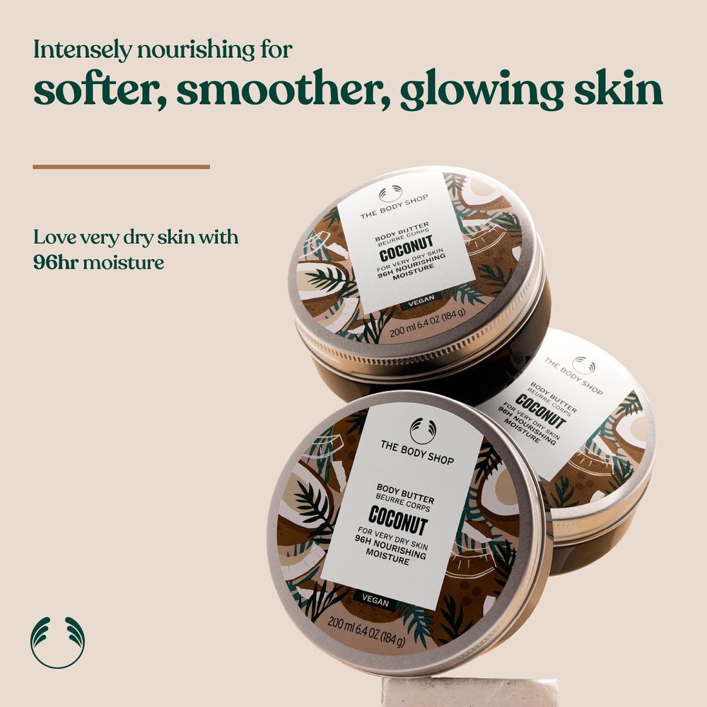 Coconut oil and shea butter ingredients with The Body Shop label, natural nourishment