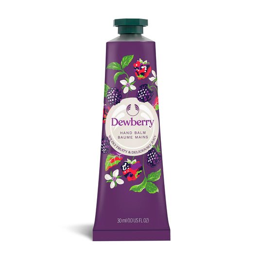 The Body Shop Dewberry hand balm front packaging showing compact tube and branding for quick hydration