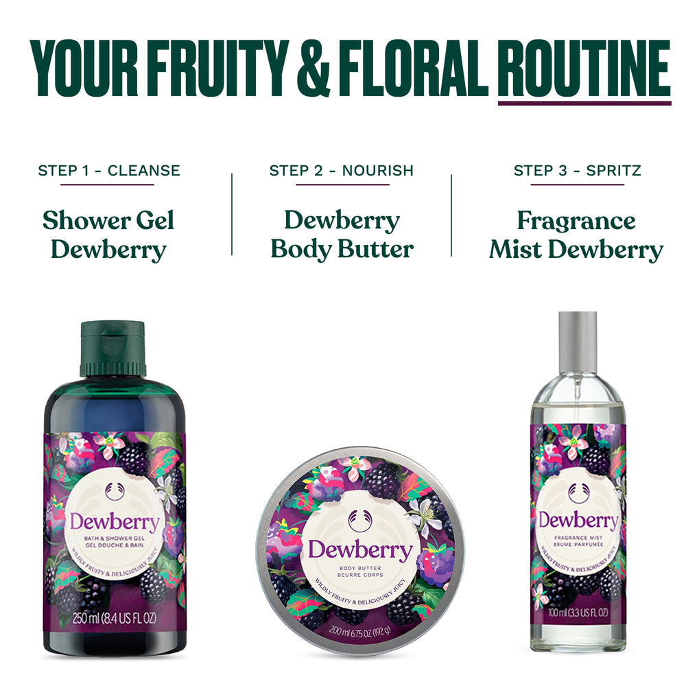The Body Shop dewberry body butter on bathroom shelf in lifestyle setting for daily routine benefit