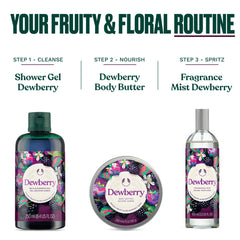 The Body Shop dewberry body butter on bathroom shelf in lifestyle setting for daily routine benefit