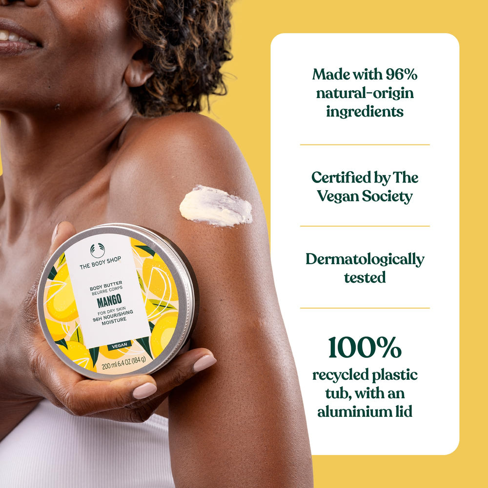 The Body Shop mango body butter with Community Fair Trade ingredient jars showing ethical sourcing benefit