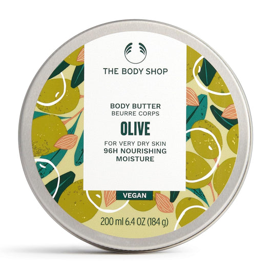 The Body Shop Olive Body Butter front jar showing label and size benefit: clear product identity