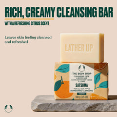 The Body Shop satsuma soap bar texture closeup showing creamy lather for gentle cleansing benefit