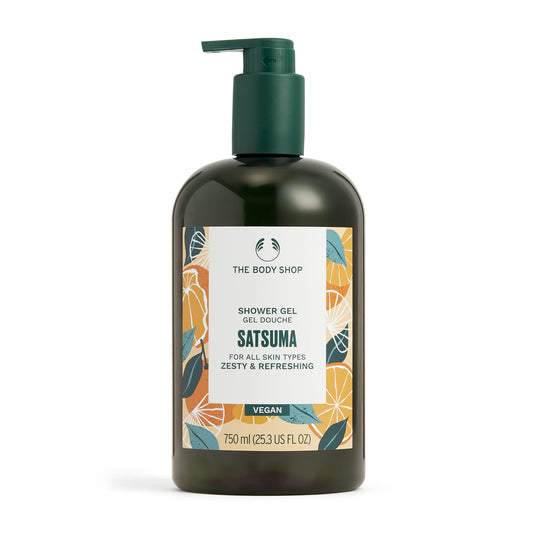The Body Shop satsuma front bottle showing label and size, quick recognition benefit