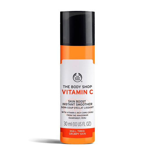 The Body Shop front bottle showing label and radiance-boost benefit