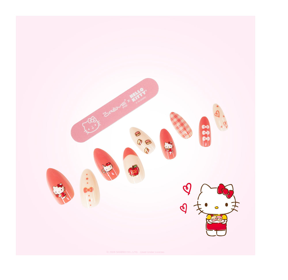 The Crème Shop nail kit tools laid out with glue and file benefit: everything included