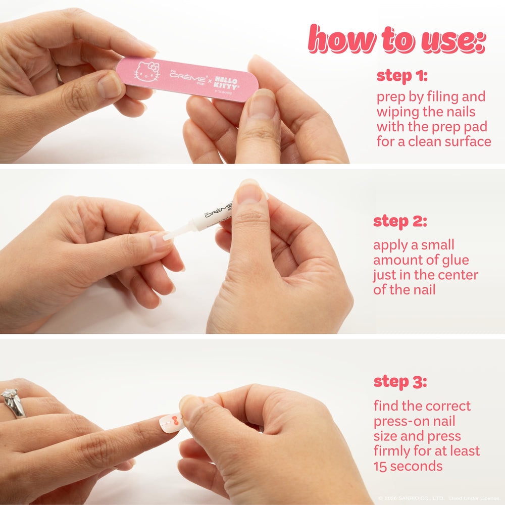 The Crème Shop nails held in hand to show size and almond shape benefit: clear scale reference