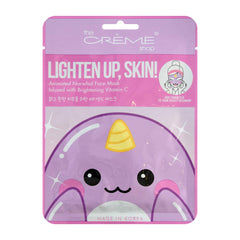 The Crème Shop narwhal mask in use on face demonstrating fit and quick brightening effect benefit