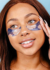 The Crème Shop hydrogel patch applied under eye demonstrating cooling and smoothing benefit