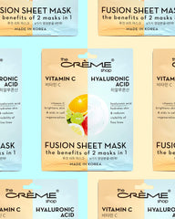 The Crème Shop mask held in hand to show sheet size and portable travel-friendly benefit