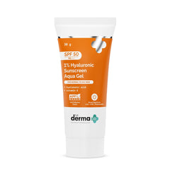 The Derma Co front packaging showing sleek tube and clear SPF benefit