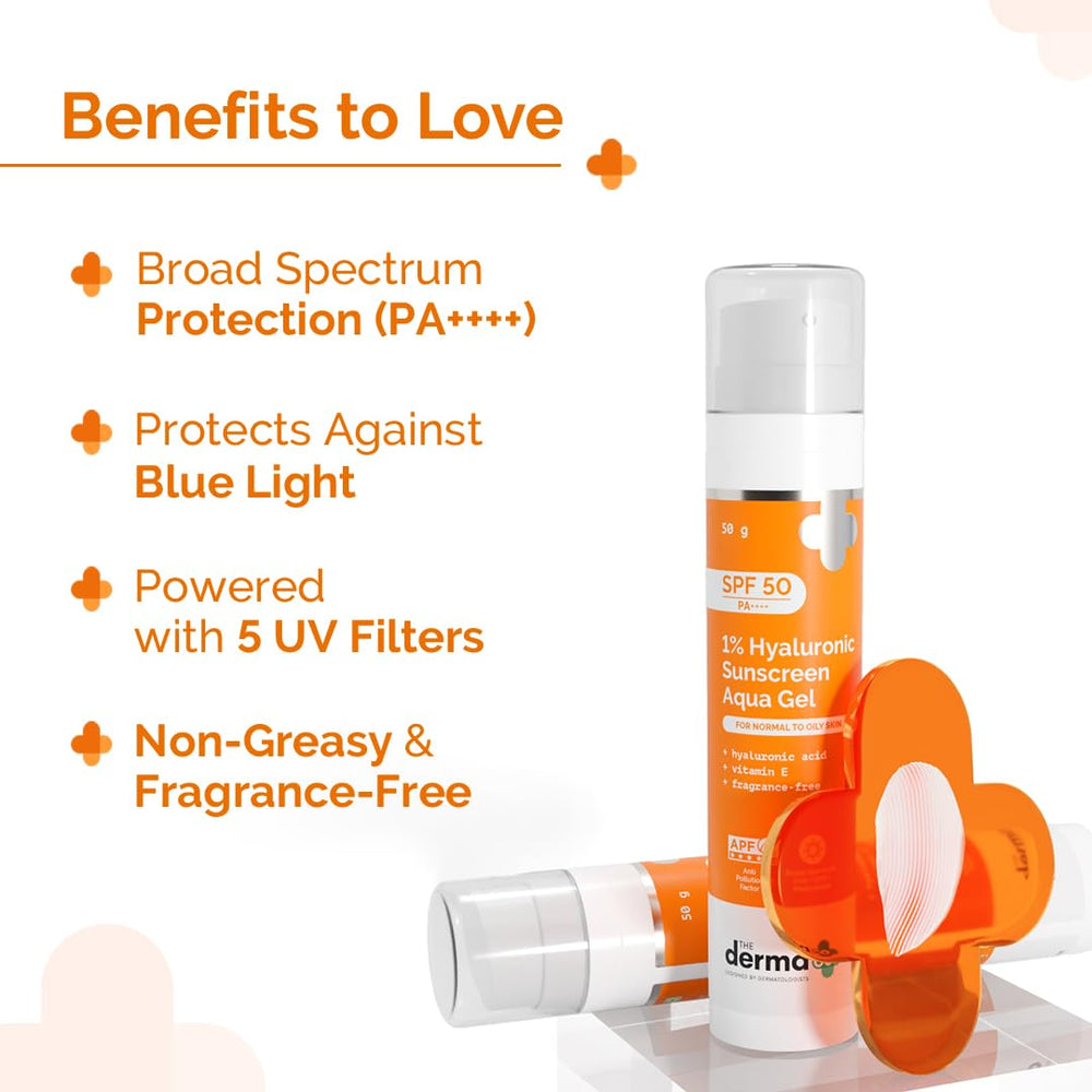 The Derma Co ingredient label highlighting hyaluronic acid and vitamin E benefits