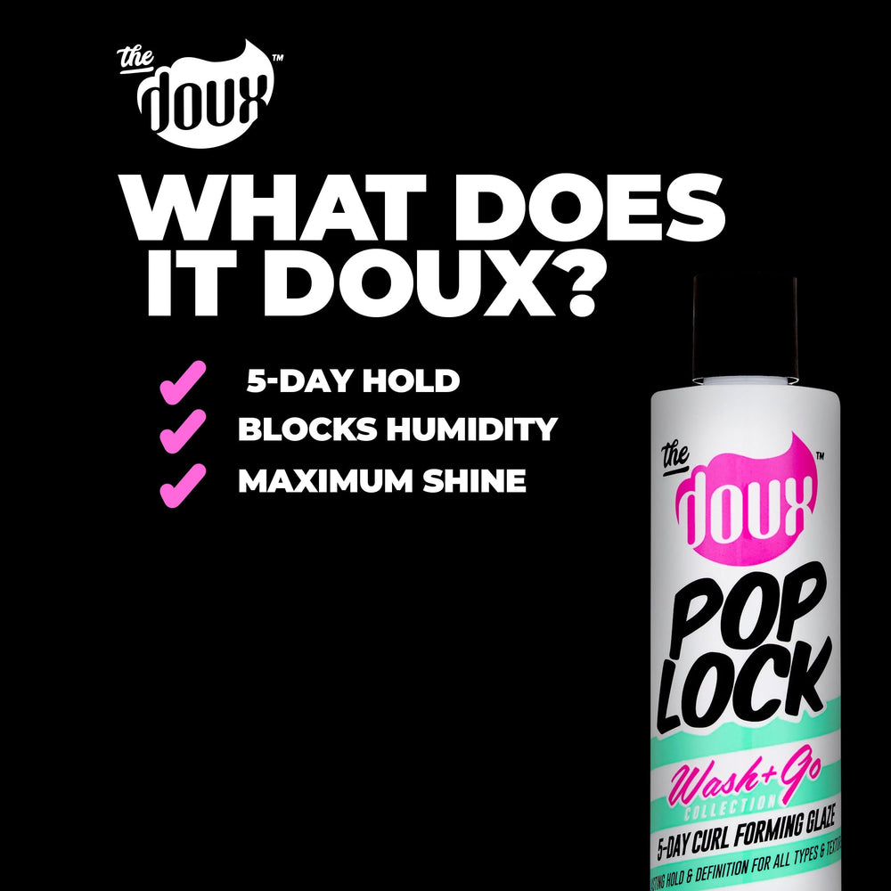 The Doux POP LOCK with honey and argan visuals highlighting moisture and shine