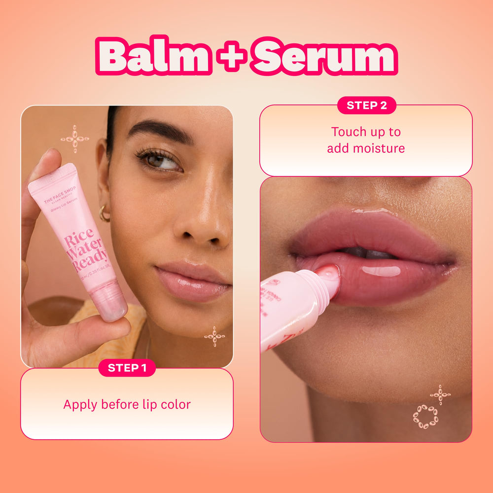 THE FACE SHOP tube beside makeup items on vanity showing prep use benefit: makeup-ready results