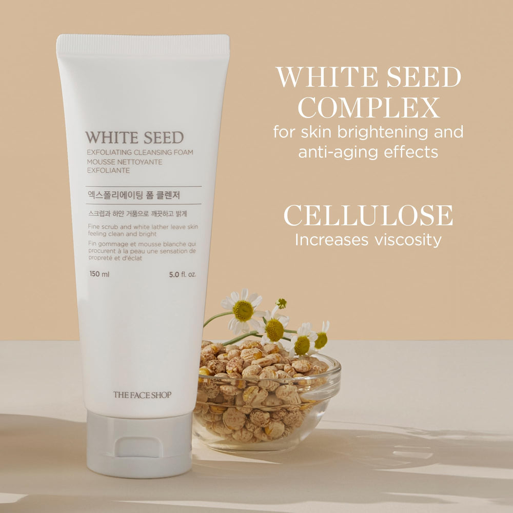 The Face Shop botanicals display with daisy and lupin seeds indicating natural extracts