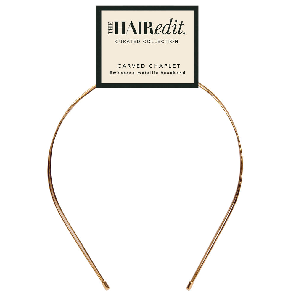 The Hair Edit carved chaplet front view showing sculpted metallic crown and polished finish