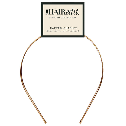 The Hair Edit carved chaplet front view showing sculpted metallic crown and polished finish