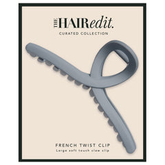 The Hair Edit front view of slate-blue clip showing sleek shape and easy styling benefit