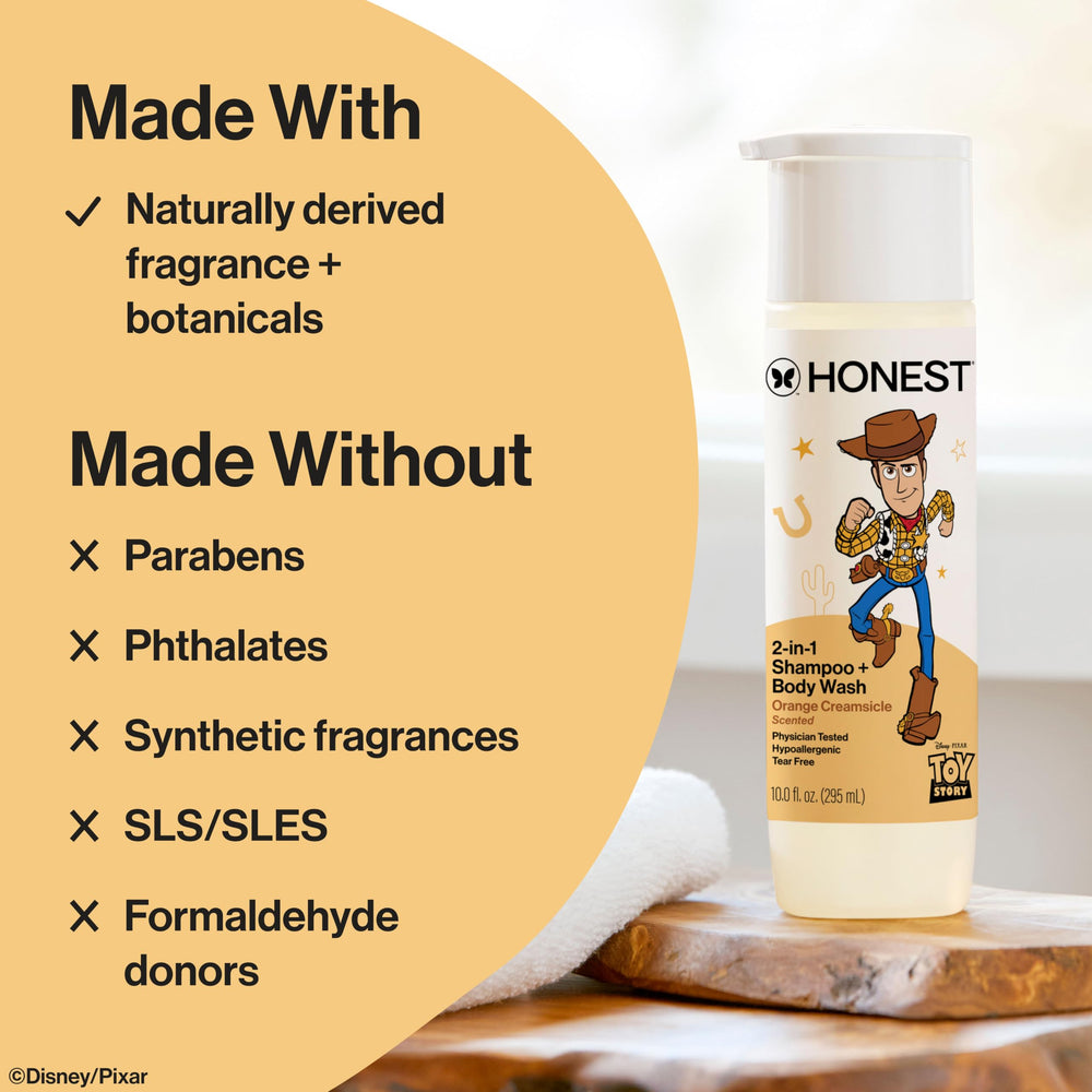 The Honest Company bottle beside Toy Story figure making bath time fun