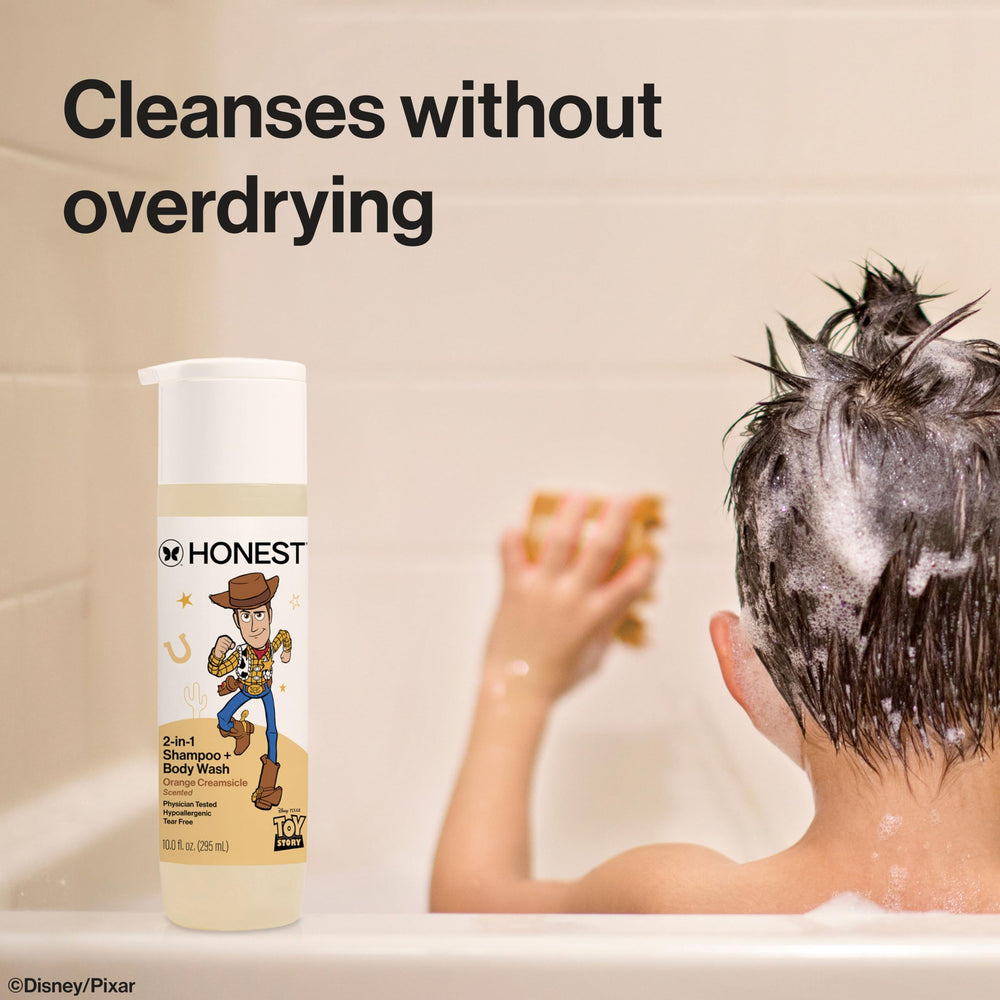 The Honest Company creamy lather on hand cleansing hair and skin gently
