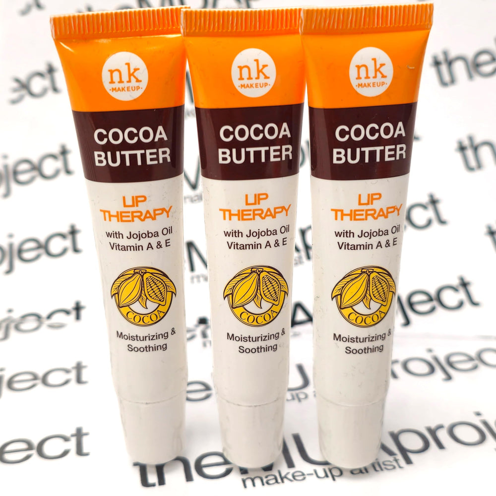 The Make-Up Artist Project cocoa butter lip balm front packaging showing three tubes and benefits