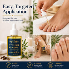 The Mani Pedi Essentials bottle beside ingredient label emphasizing clove and tea tree oils