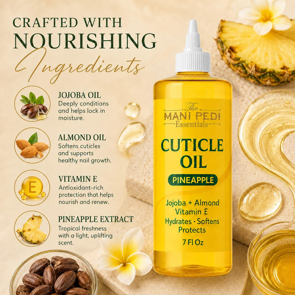 The Mani Pedi Essentials label showing jojoba, almond, and vitamin E benefits