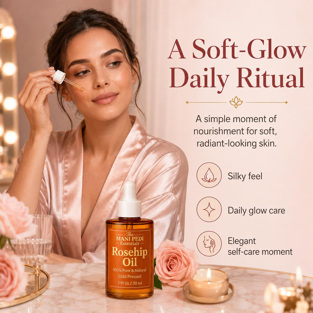 Hand holding The Mani Pedi Essentials bottle to show usage and ease benefit