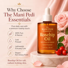 Rosehip seeds and roses beside the bottle highlighting natural sourcing benefit