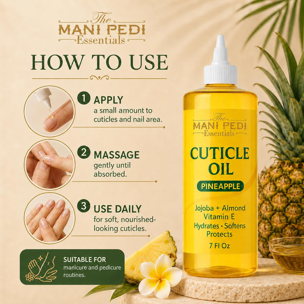 The Mani Pedi Essentials bottle held in hand to show 7 fl oz scale advantage